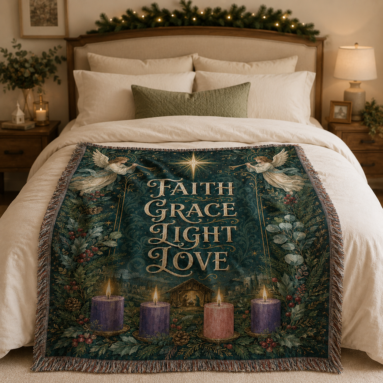 Faith Grace Light Love Christian woven blanket styled on a cozy bedroom bed