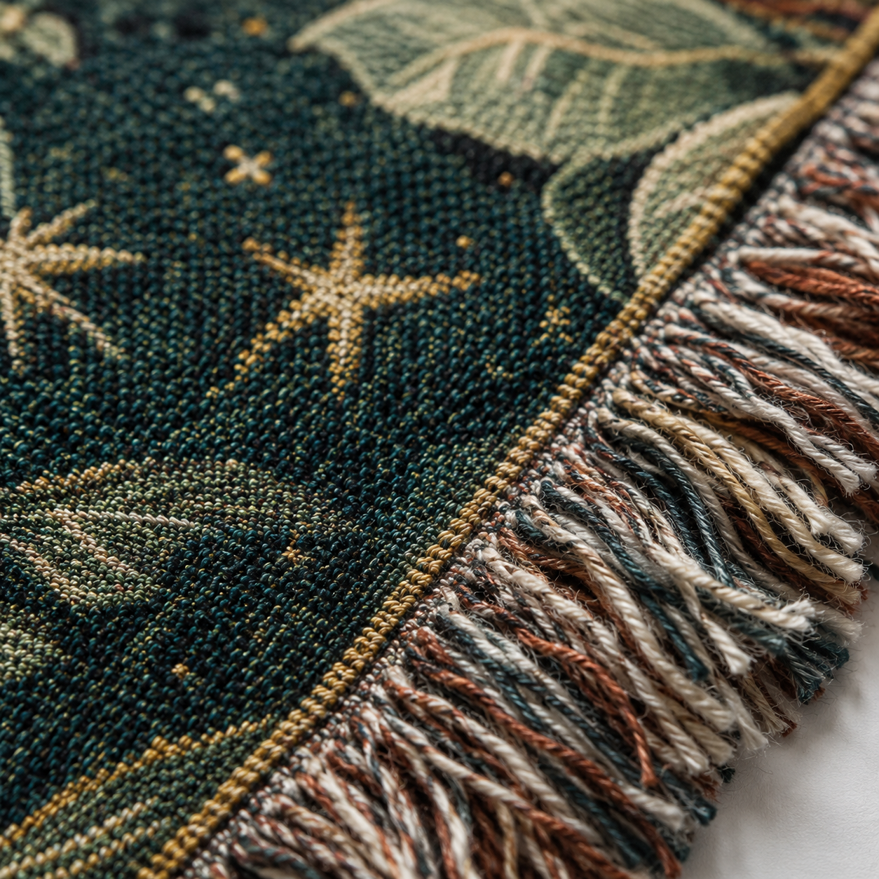 Macro close-up of woven textile texture and multicolor fringe on Christian tapestry blanket