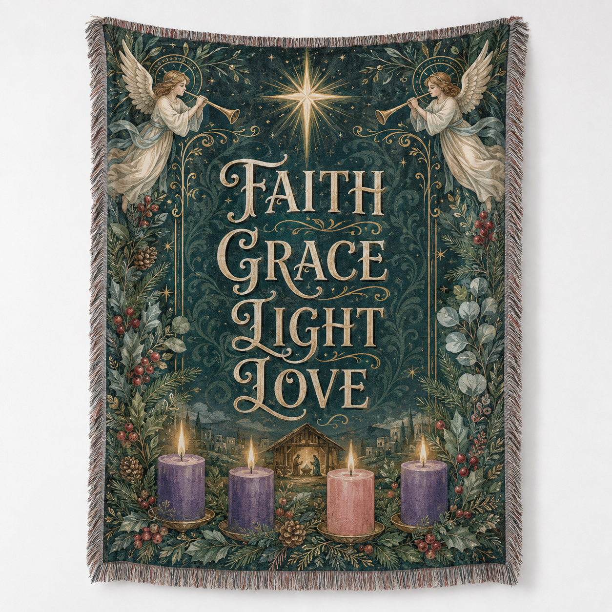 Faith Grace Light Love Christian Advent woven blanket with angels, Bethlehem star, nativity scene, candles and fringe