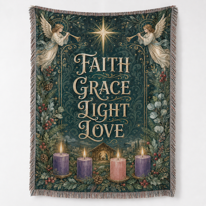 Faith Grace Light Love Christian Advent woven blanket with angels, Bethlehem star, nativity scene, candles and fringe
