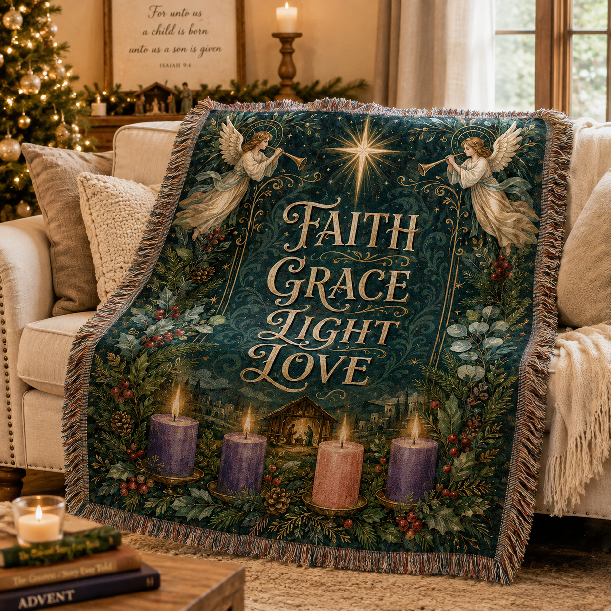 Christian Advent woven blanket draped softly over a sofa in a warm Christmas living room