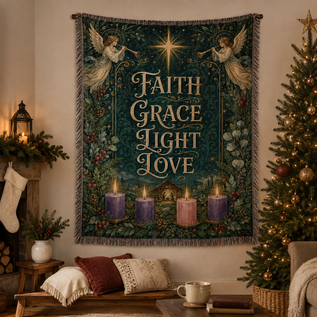Faith Grace Light Love Christian Advent woven blanket displayed as Christmas wall decor
