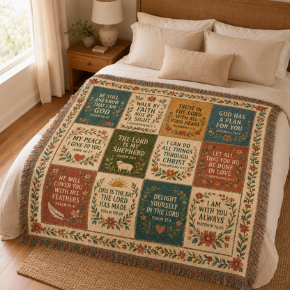 Faith scripture patchwork woven blanket styled across a neutral bedroom bed