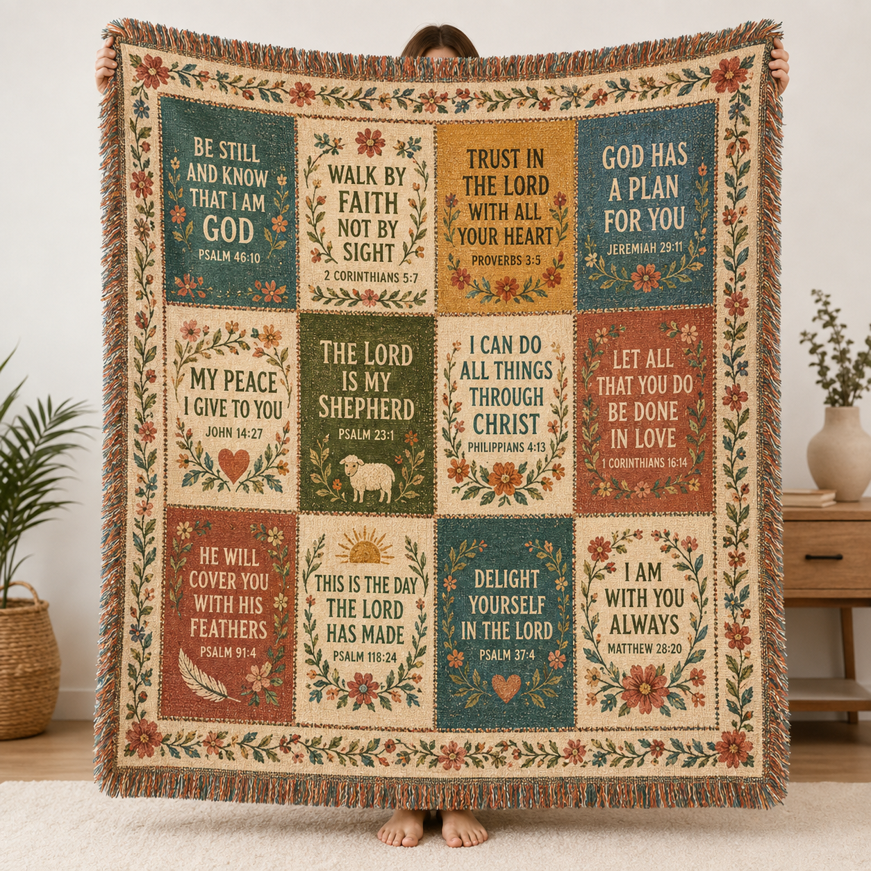 Faith scripture patchwork woven blanket shown full front with floral border and fringe