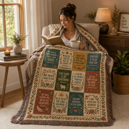 Woman reading with a faith scripture patchwork woven blanket in a cozy chair