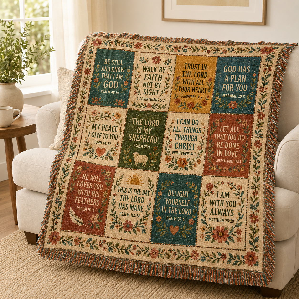Faith scripture patchwork woven blanket draped over a cream sofa in a bright living room