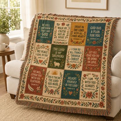Faith scripture patchwork woven blanket draped over a cream sofa in a bright living room