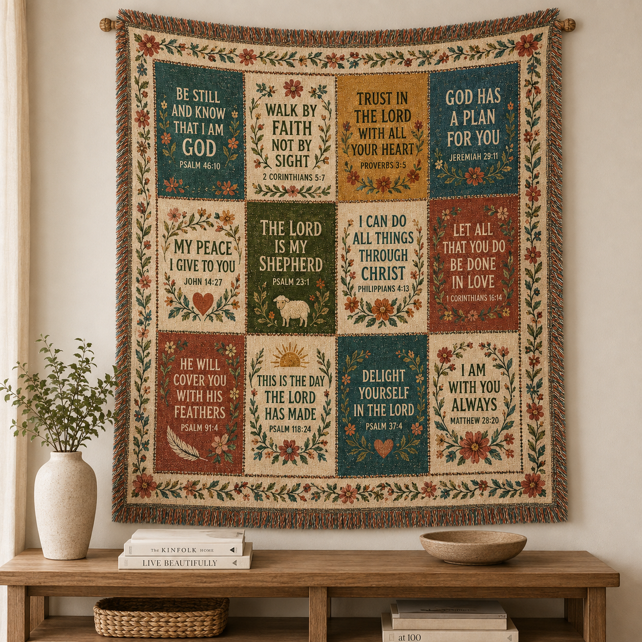 Faith scripture patchwork woven blanket displayed as wall tapestry above a console table