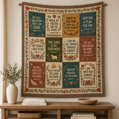 Faith scripture patchwork woven blanket displayed as wall tapestry above a console table