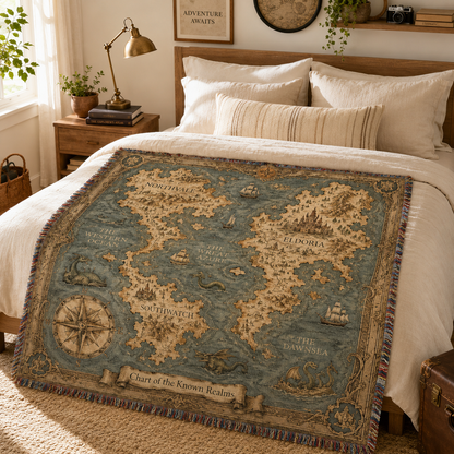 Fantasy map woven blanket styled across a warm explorer bedroom