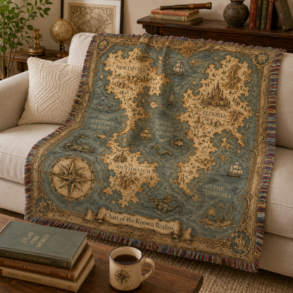 Couple holding a fantasy map woven blanket as an adventure themed gift