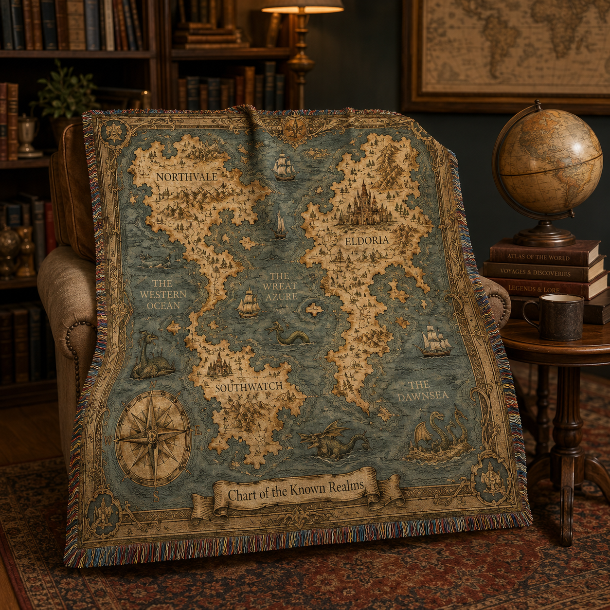 Antique fantasy map woven blanket displayed in a dark home library
