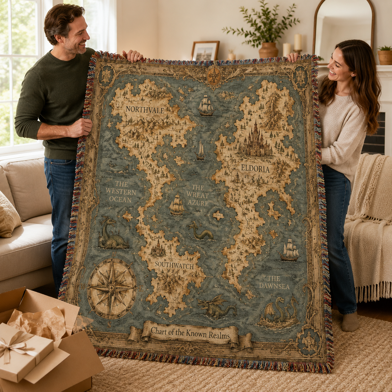 Fantasy world map woven blanket draped over a neutral living room sofa