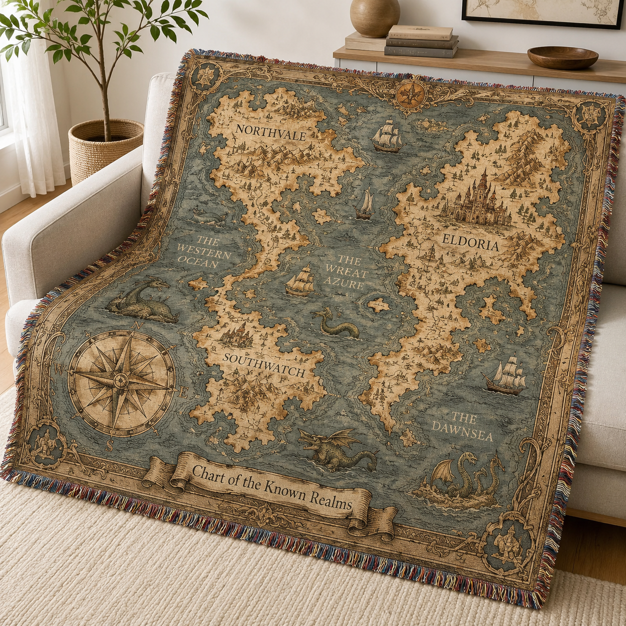 Fantasy map woven blanket with antique chart, ships, compass and fringe