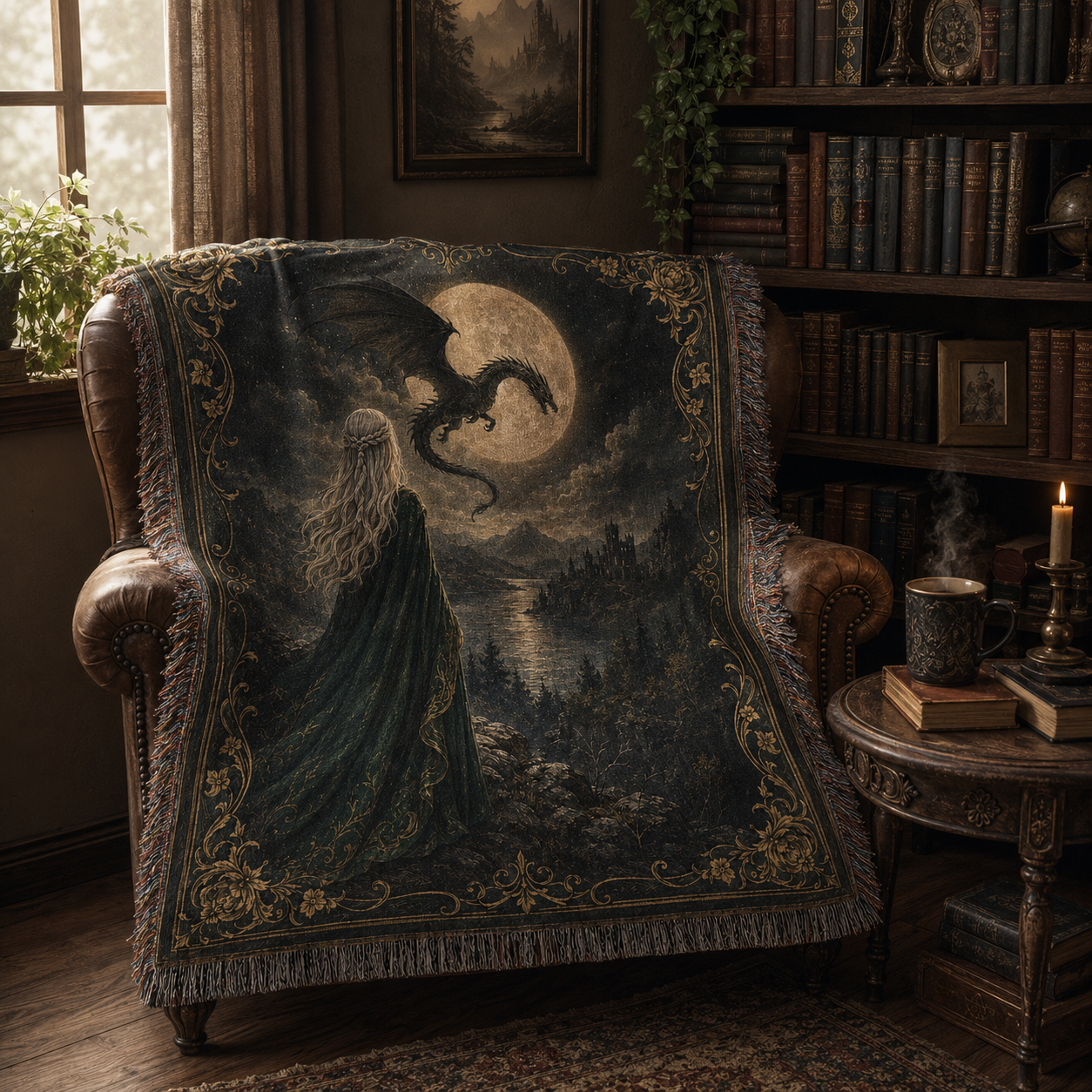 Fantasy woven blanket draped over a cozy reading chair beside books and a mug