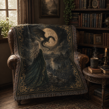 Fantasy woven blanket draped over a cozy reading chair beside books and a mug