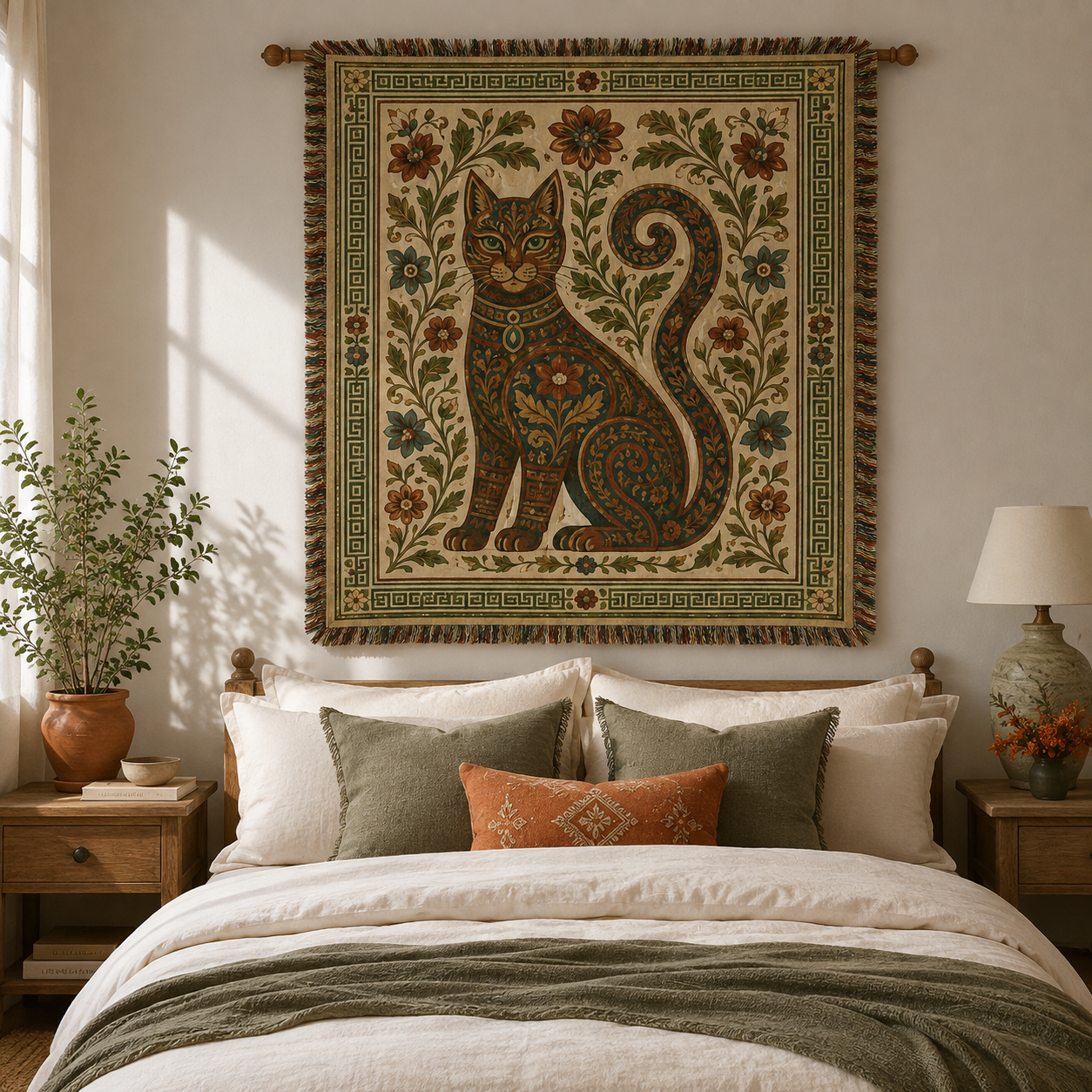 Ornate botanical cat woven blanket hanging above a warm neutral bedroom bed