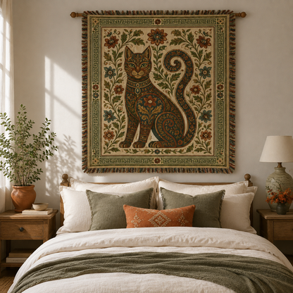 Ornate botanical cat woven blanket hanging above a warm neutral bedroom bed