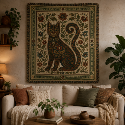 Folk art cat woven tapestry displayed above a cozy boho living room sofa