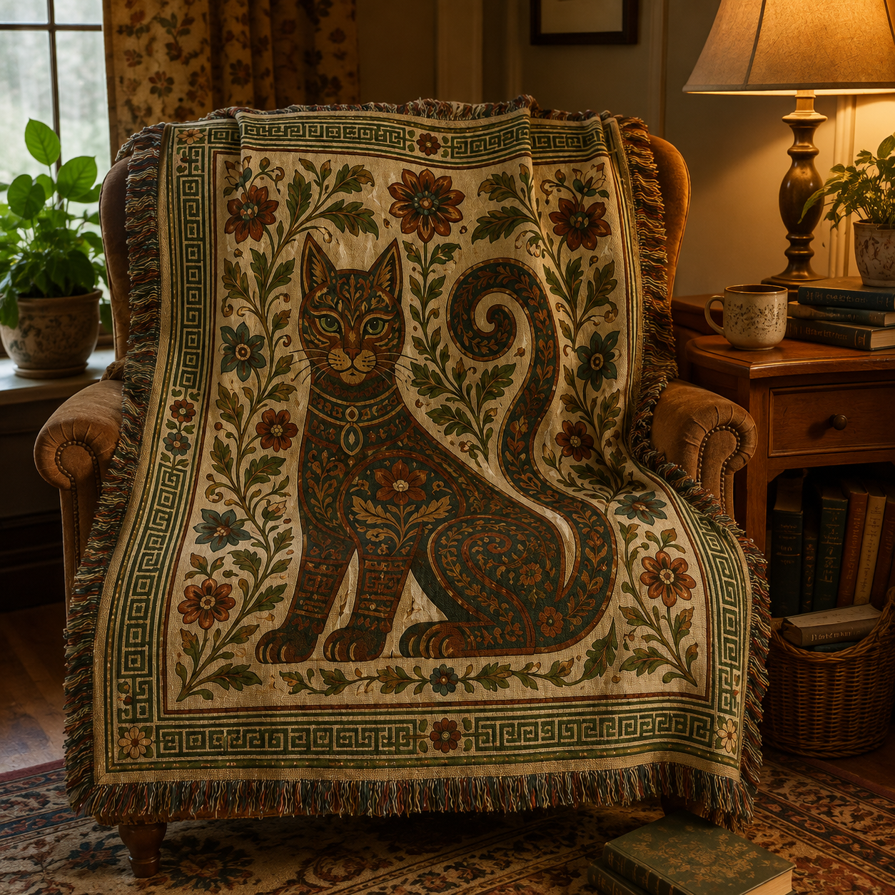 Botanical folk art cat woven blanket draped over a cozy reading chair