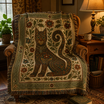 Botanical folk art cat woven blanket draped over a cozy reading chair