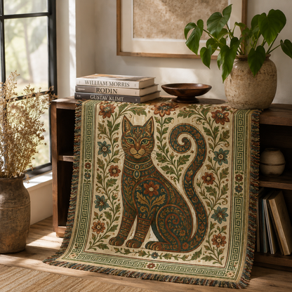 Folk art cat woven blanket styled on a wooden console in a sunlit creative studio