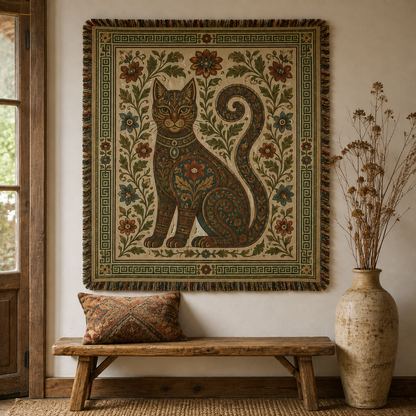 Ornate cat woven wall tapestry styled above a rustic wooden entryway bench