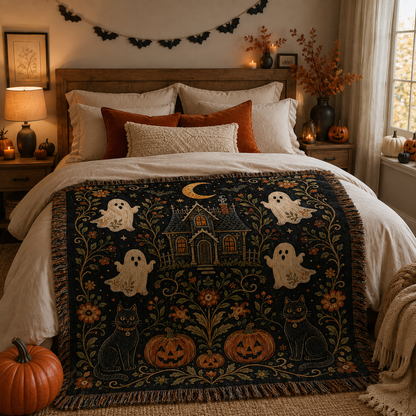 Halloween folk art woven blanket styled across a cozy autumn bedroom