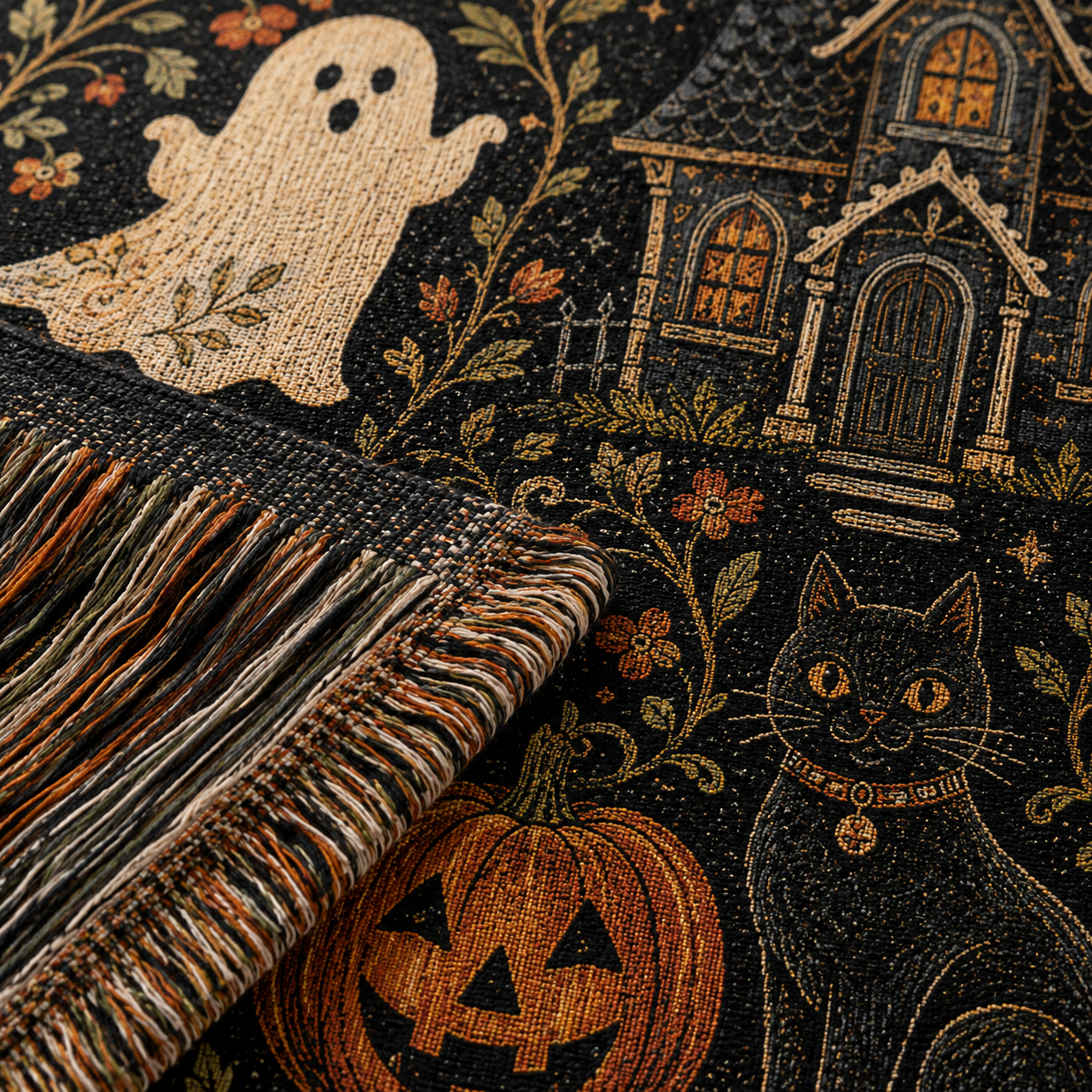 Macro detail of Halloween woven blanket texture fringe ghost black cat pumpkin and haunted cottage