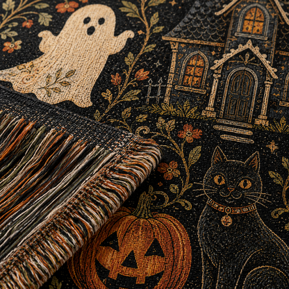 Macro detail of Halloween woven blanket texture fringe ghost black cat pumpkin and haunted cottage