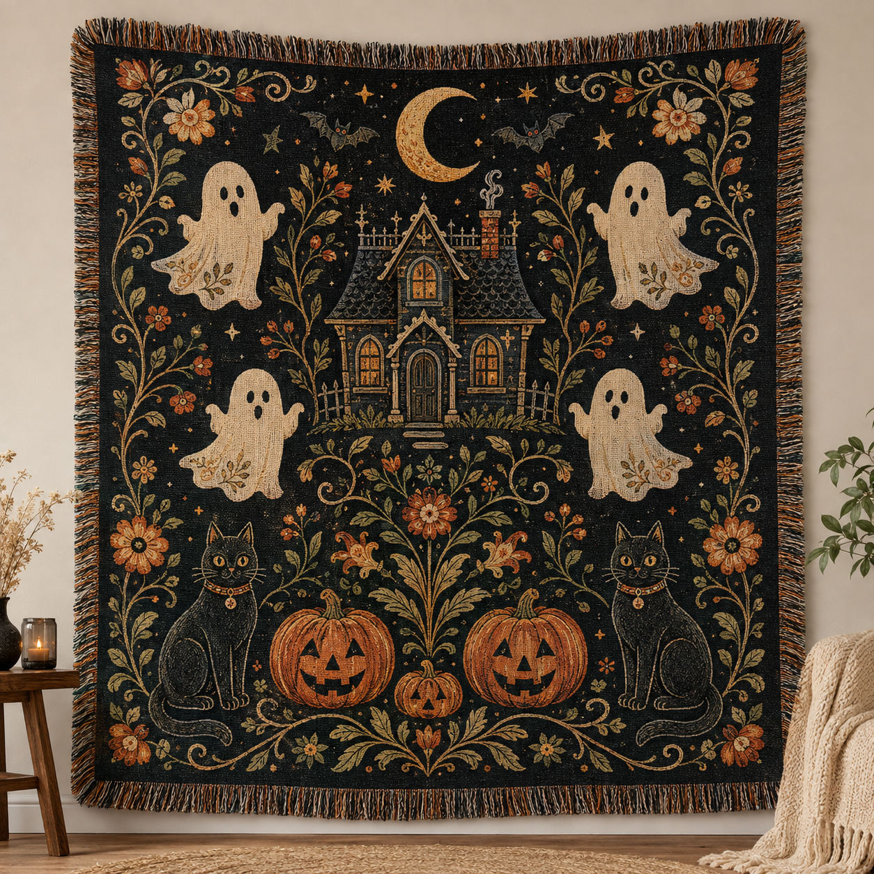 Halloween folk art woven blanket with ghosts black cats pumpkins haunted cottage and fringe