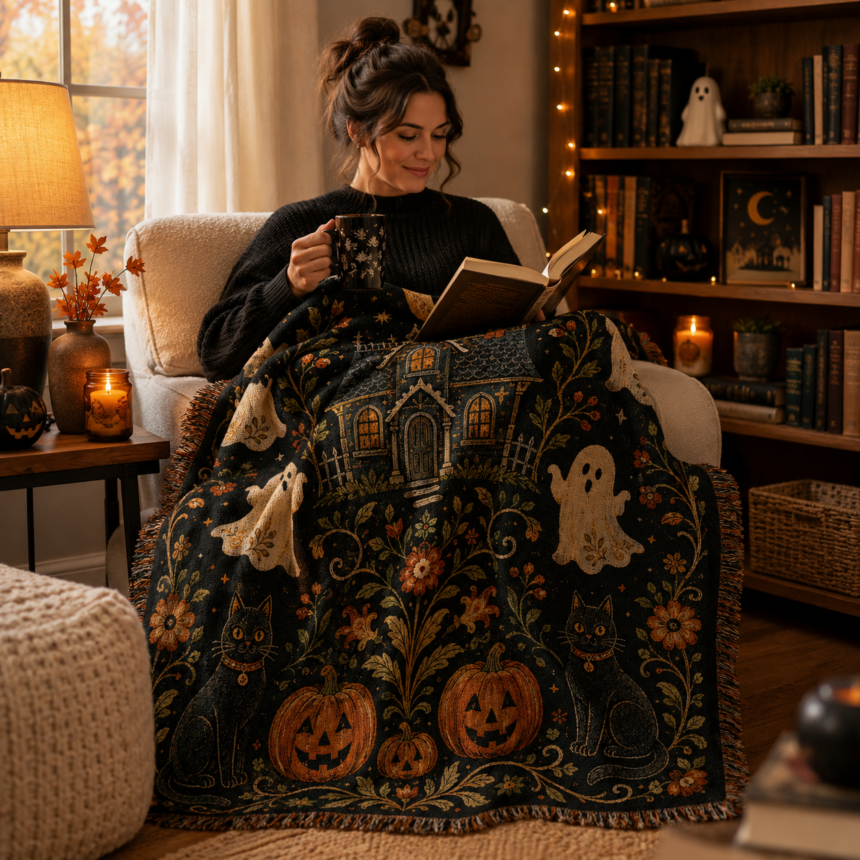 Cozy reading nook with Halloween woven blanket featuring ghosts cats pumpkins and haunted cottage