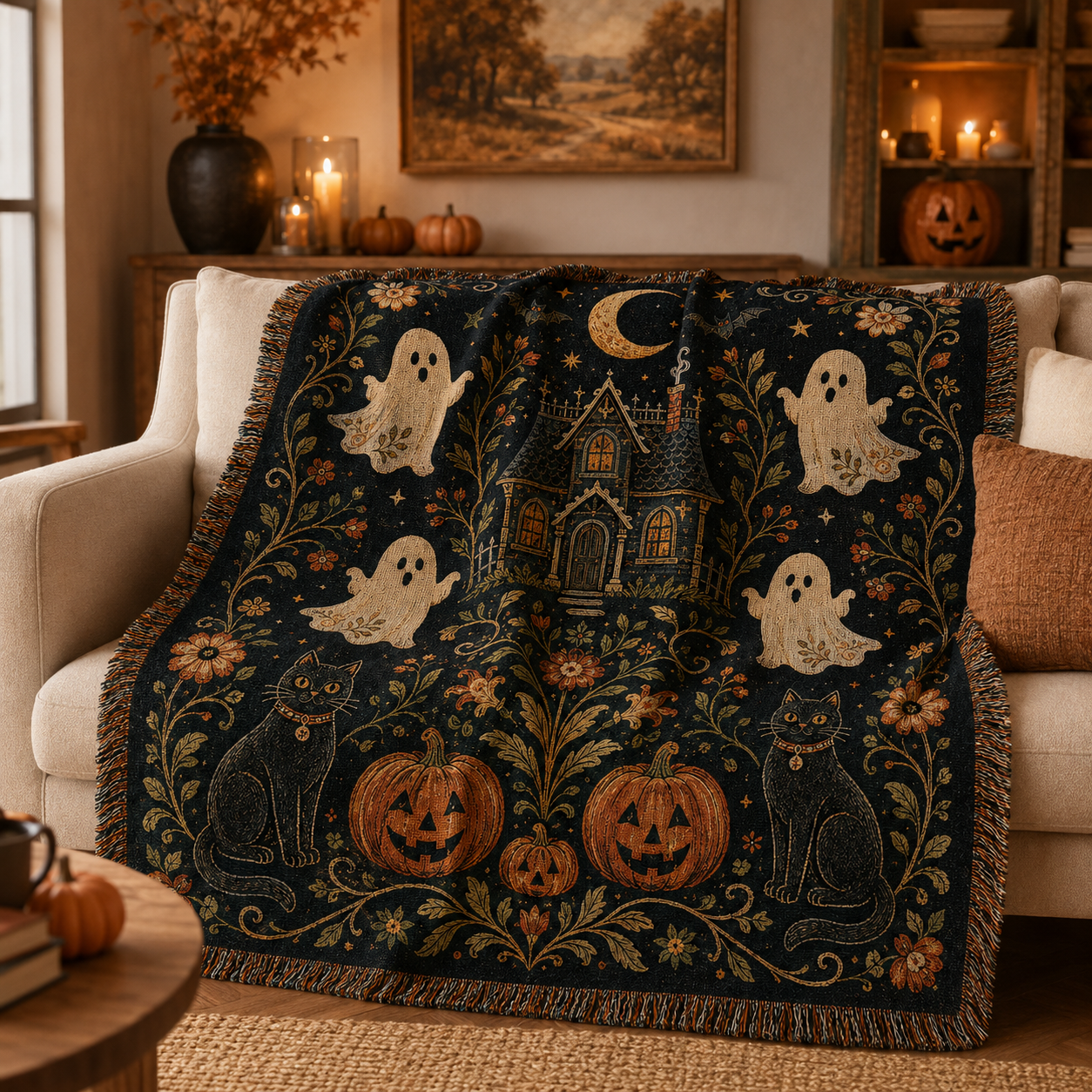 Halloween folk art woven blanket draped softly over a cozy sofa