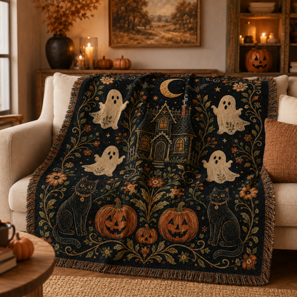 Halloween folk art woven blanket draped softly over a cozy sofa