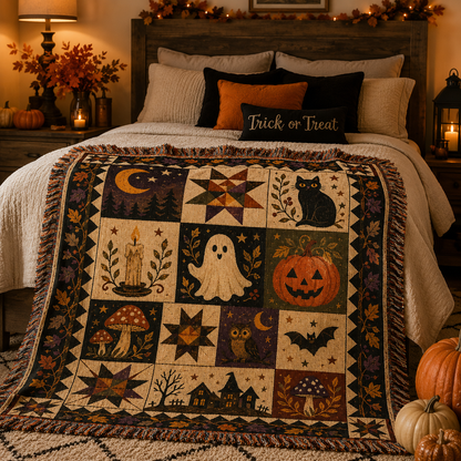 Folk art Halloween patchwork woven blanket styled across a cozy autumn bedroom