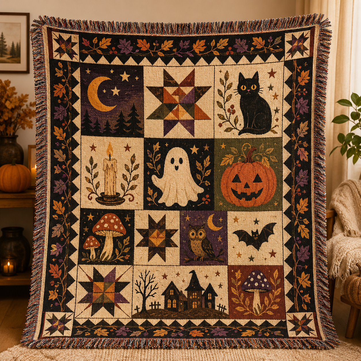 Folk art Halloween patchwork woven blanket with ghost, black cat, pumpkin, crescent moon, owl and fringe