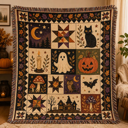 Folk art Halloween patchwork woven blanket with ghost, black cat, pumpkin, crescent moon, owl and fringe