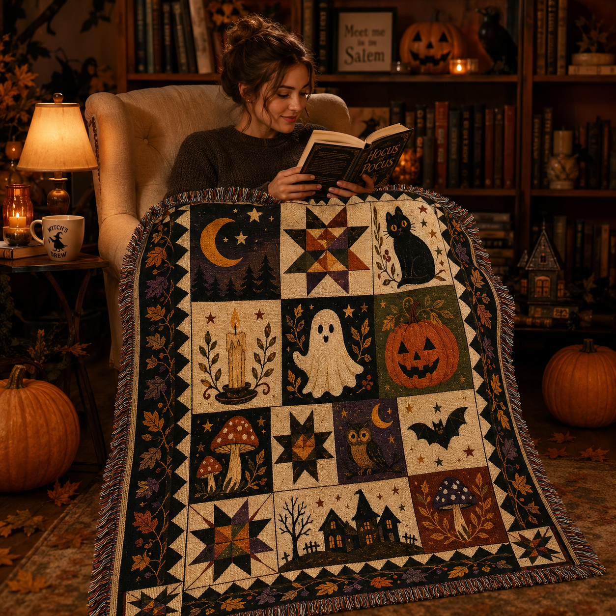 Reader using folk art Halloween patchwork woven blanket in a cozy seasonal reading nook