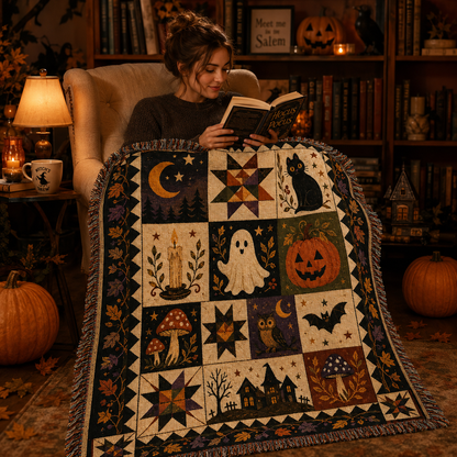 Reader using folk art Halloween patchwork woven blanket in a cozy seasonal reading nook
