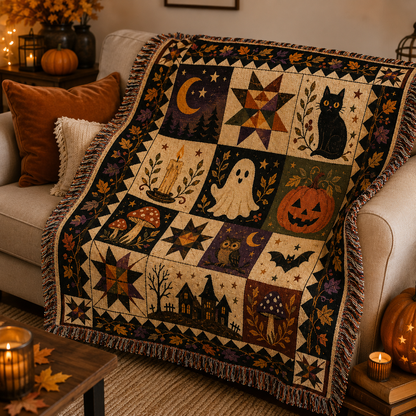 Halloween patchwork woven blanket softly draped over a cozy sofa with pumpkins and candlelight