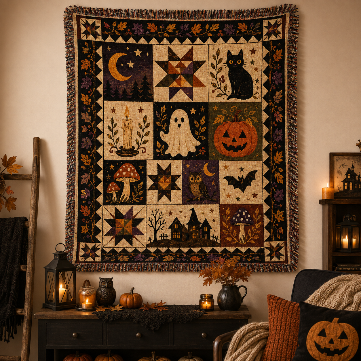 Folk art Halloween patchwork woven blanket displayed as seasonal wall decor with fringe