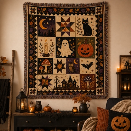 Folk art Halloween patchwork woven blanket displayed as seasonal wall decor with fringe
