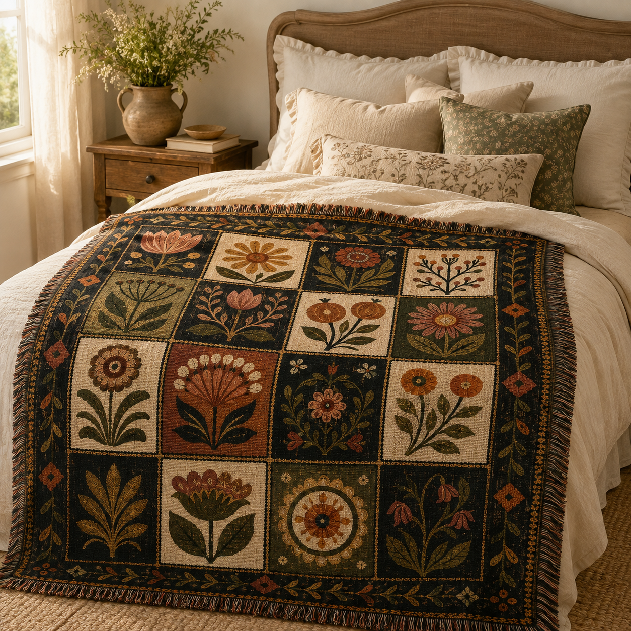 Folk botanical patchwork woven blanket styled across a warm cottage bedroom bed