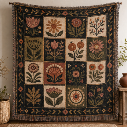 Folk bloom patchwork woven blanket with vintage botanical panels and fringe