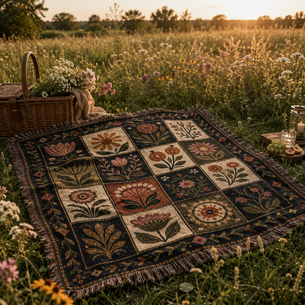 Folk floral woven blanket styled for a golden hour picnic in a wildflower meadow