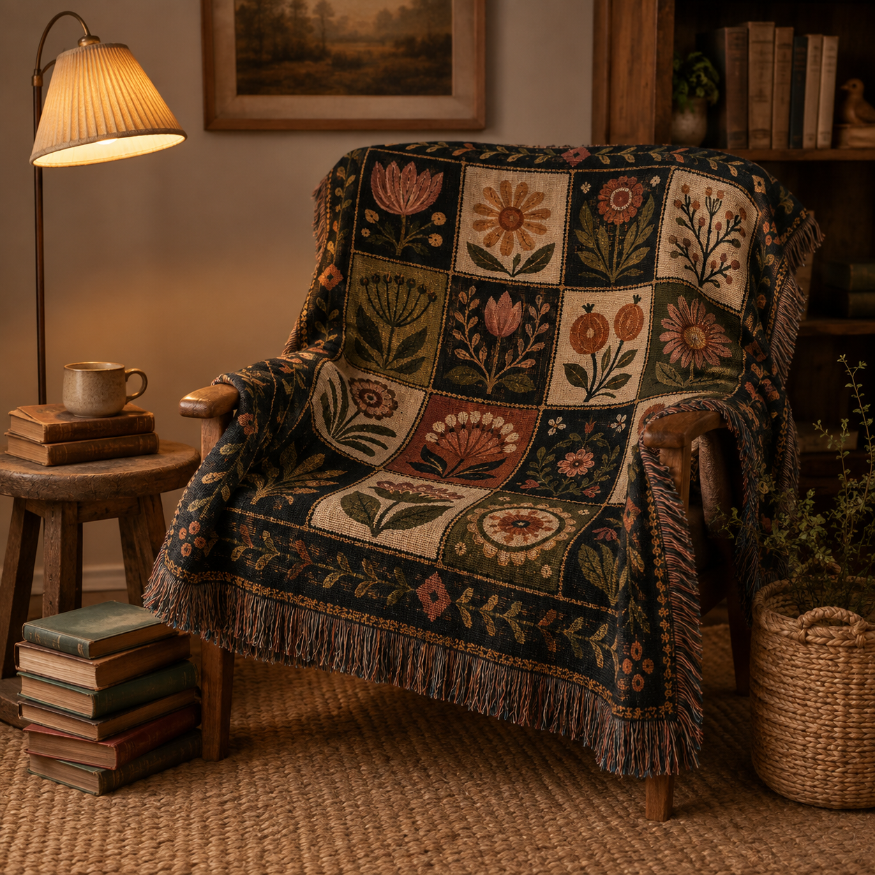 Vintage floral tapestry blanket draped over a wooden reading chair in a cozy nook