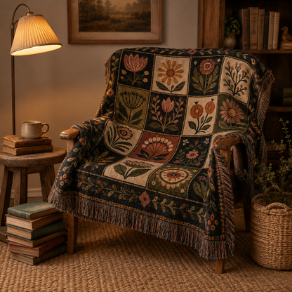 Vintage floral tapestry blanket draped over a wooden reading chair in a cozy nook