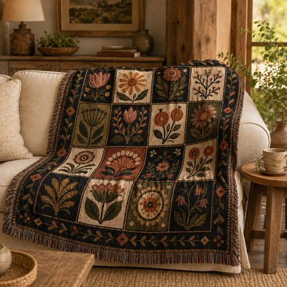 Vintage folk floral woven blanket draped over a cream rustic living room sofa