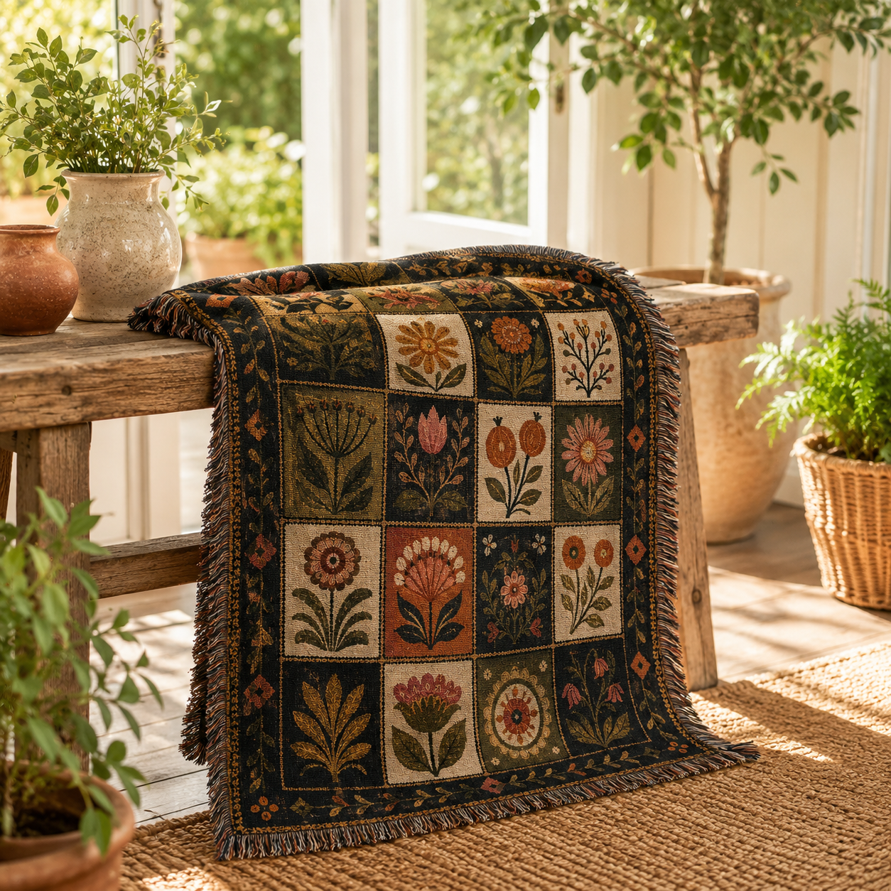 Folk floral woven blanket displayed on a rustic bench in a bright sunroom