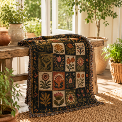 Folk floral woven blanket displayed on a rustic bench in a bright sunroom